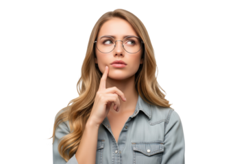 Pensive woman with a thoughtful expression isolated on a transparent background