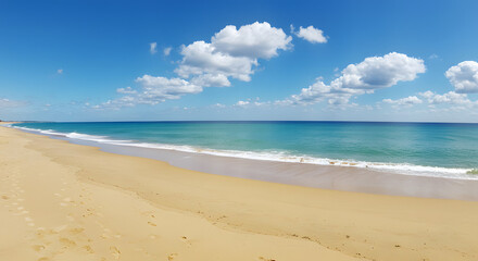 Fototapeta premium Golden Beach and Azure Sea: A breathtaking panorama of a golden sand beach meets the azure expanse of the tranquil sea, where fluffy clouds drift gracefully across a vibrant blue sky.
