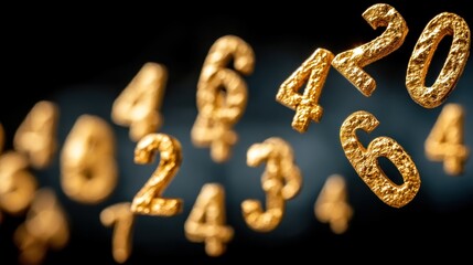 Golden numbers float against a dark background.