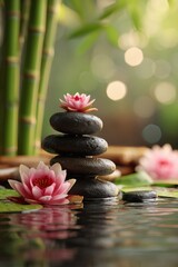 zen stones on a background of water and bamboo and lotus flowers. Generative AI,