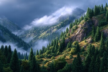 Fototapeta premium Misty Mountain Forest Landscape - Serene Coniferous Trees and Rolling Hills Vista