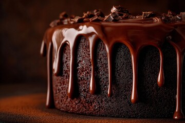 A rich chocolate cake on a wooden board, topped with flowing melted chocolate.