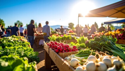 Bustling farmers market with fresh produce under the summer sun