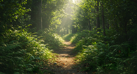 Obraz premium Sun-Kissed Path in the Woods: A picturesque woodland scene, where a sunlit path winds through a vibrant green forest, offering a sense of serenity and inviting exploration.
