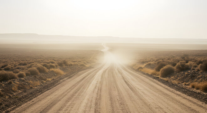 Journey through the Arid Landscape: An evocative image of an endless dirt road winds its way through a vast, sun-drenched desert landscape, symbolizing journey, perseverance, and the open road ahead. - Powered by Adobe