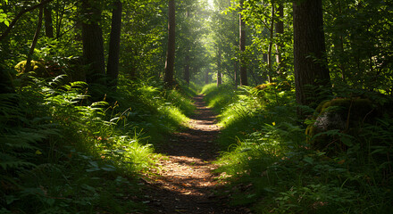 Obraz premium Sun-Dappled Forest Path: A sunlit path beckons through a vibrant forest, with dappled sunlight creating a magical atmosphere. Tall trees and lush greenery line the trail.