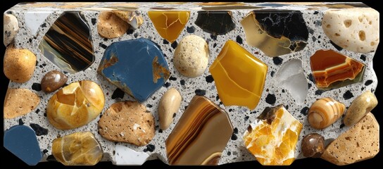 Decorative concrete slab with embedded colorful stones and shells