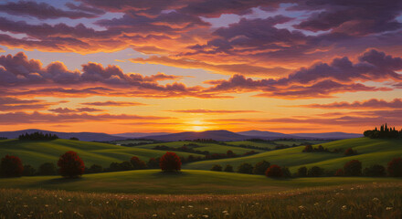 Fototapeta premium Scenic Sunset Panorama: A breathtaking sunset bathes rolling hills and verdant meadows in hues of orange, purple, and gold, creating a picturesque and tranquil landscape. 