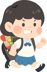 Cartoon Illustration of Upset Schoolgirl Running Late