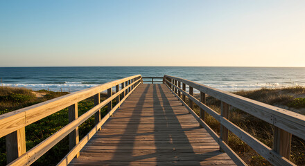 Obraz premium Pathway to Serenity: An inviting wooden walkway stretches toward the tranquil sea, beckoning viewers to a serene escape. The scene is bathed in soft, natural light, promising peace and relaxation. 