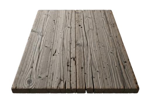 A rustic, weathered wooden tabletop with prominent wood grain, cracks, and splits in natural brown, grey, and bleached tones, isolated on a transparent background with no shadows, concept for