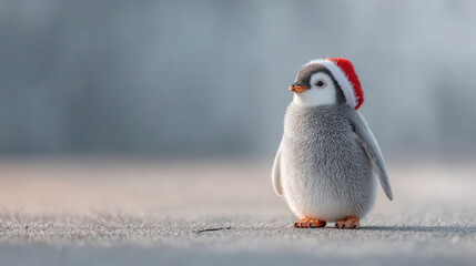 cute penguin wearing santa claus hat stands cheerfully on clean monochromatic background