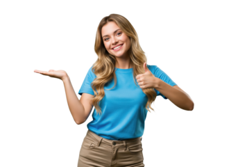 Confident woman giving a thumbs up and presenting isolated on a transparent background
