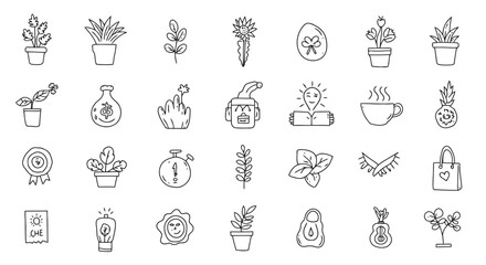 Collection of hand drawn doodle icons featuring plants and nature elements silhouette isolated on white background
