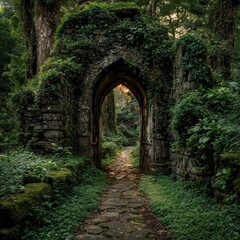 Obraz premium Ancient stone archway, overgrown with lush greenery, leading into a forest