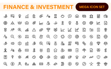 Finance and Investment icons. Thin line symbols of profit, investment, assets, capital, portfolio, risk, ROI, inflation, dividends, and financial planning.