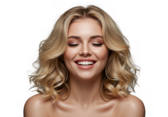 Blonde woman with wavy hair smiling with eyes closed