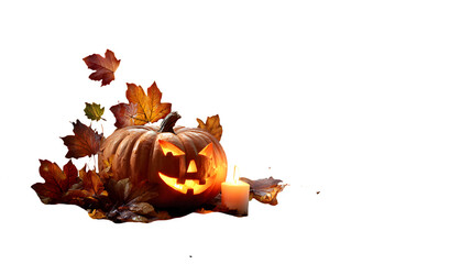 Jack-o'-Lantern with Autumn Leaves and Candle, isolated on transparent background
