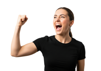 Excited woman celebrating with fists raised isolated on a transparent background

