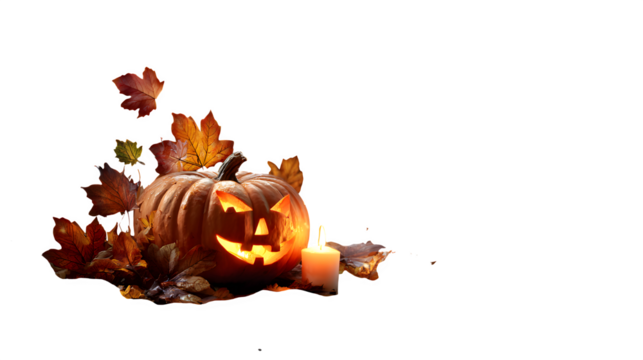 Jack-o'-Lantern with Autumn Leaves and Candle, isolated on transparent background