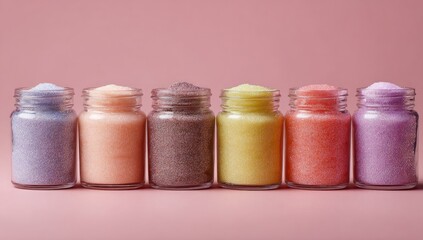 Six small glass jars filled with pastel-colored sugar crystals are arranged in a row against a pink background.  Each jar is slightly overflowing, showcasing the vibrant hues