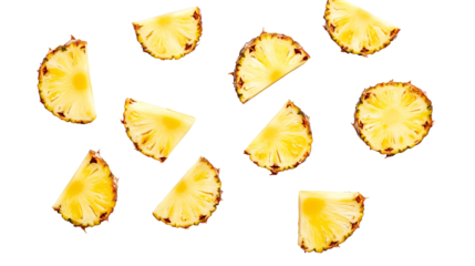flying pineapple slices isolated on transparent white background, clipping path