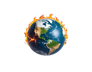 Burning globe showing a burning world, isolated on a white background