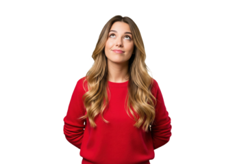 Pensive woman looking up with a thoughtful expression isolated on a transparent background

