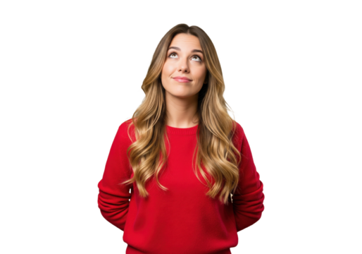 Pensive woman looking up with a thoughtful expression isolated on a transparent background

