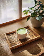 A small matcha latte in a white stoneware cup on a bamboo tray, placed on a low wooden table, surrounded by indoor plants, soft diffused sunlight from a paper screen window, muted earthy tones, calm a
