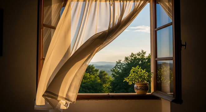 Open window with sheer curtains blowing in the breeze and potted plant