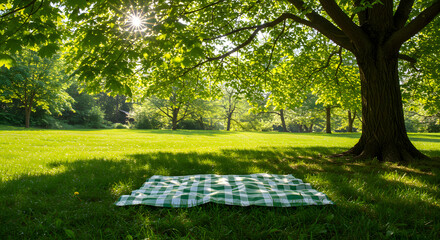 Picnic Scene Under the Sunlight: A scenic view unfolds where a vibrant picnic blanket is spread gracefully on a lush, grassy lawn, sheltered beneath a majestic tree canopy bathed in warm sunlight.