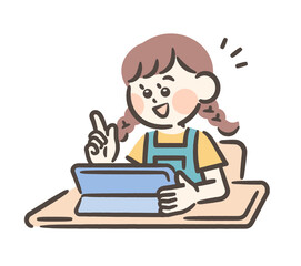 A girl studying on a tablet at school