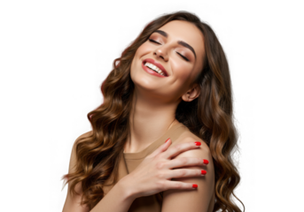 Joyful woman with wavy hair and closed eyes