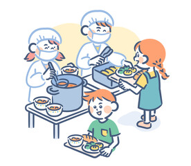 Elementary school students on lunch duty serving food