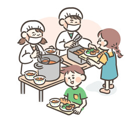 Elementary school students on lunch duty serving food