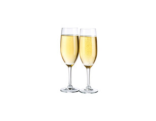 Two luxury crystal champagne glasses with bubbles, isolated on white background