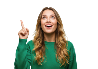Happy woman with a sudden idea pointing up isolated on a transparent background