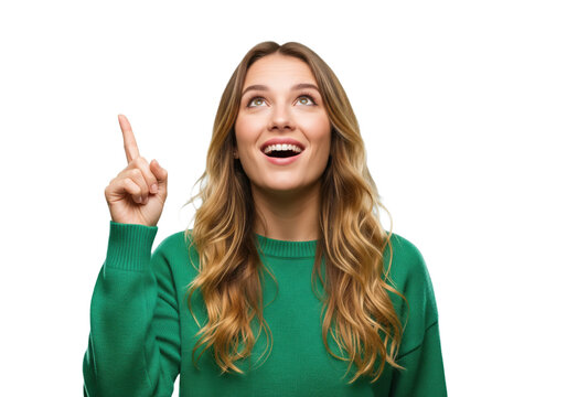 Happy woman with a sudden idea pointing up isolated on a transparent background

