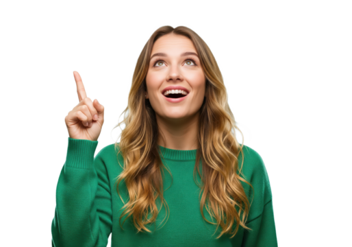 Happy woman with a sudden idea pointing up isolated on a transparent background

