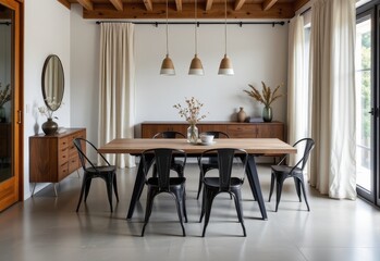 contemporary dining area with polished concrete floor natural wood table black metal chairs glass pendant lights and linen curtains combining industrial and natural materials stylishly.