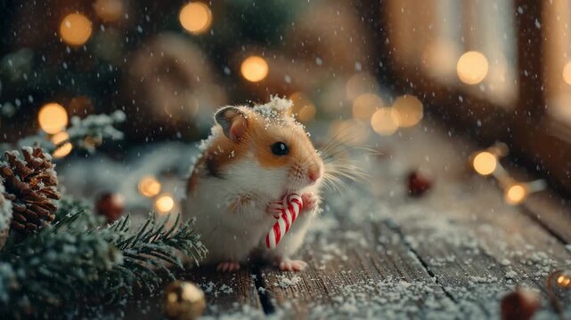 Cute little hamster holding a candy cane on a wooden table in the snow, with festive christmas decorations around.