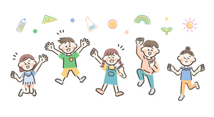 Five boys and girls jumping energetically