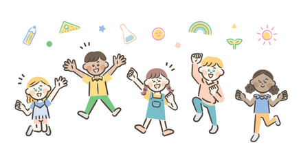 Five boys and girls jumping energetically