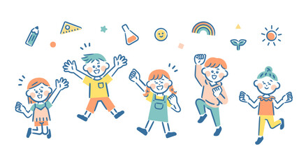 Five boys and girls jumping energetically