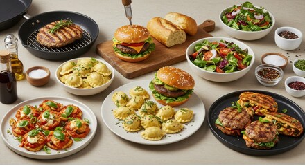 Arrangement of Assorted Food Dishes Featuring Salad, Burgers and Pasta