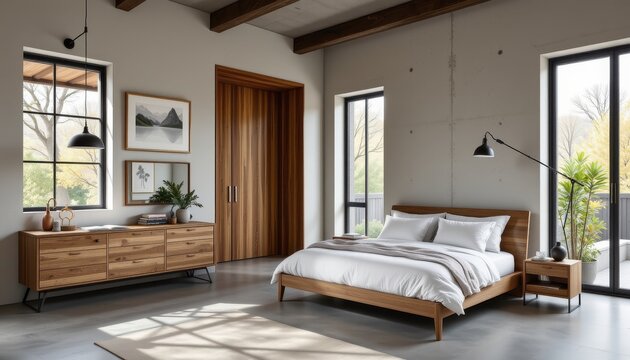modern bedroom with concrete floors natural wood furniture white linen bedding black metal lighting fixtures large windows emphasizing minimalist warm industrial design.
