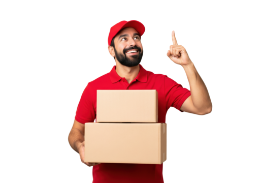 Happy delivery man holding packages and pointing up isolated on a transparent background
