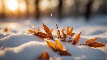 Winter's Embrace: A close-up captures the delicate dance of nature, as golden leaves rest gently on a snowy ground, bathed in the soft glow of the winter sunlight. 