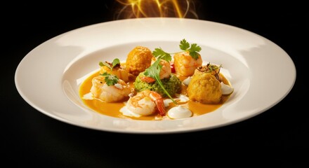Plated Seafood Dish with Sauce and Garnish Ready to Serve